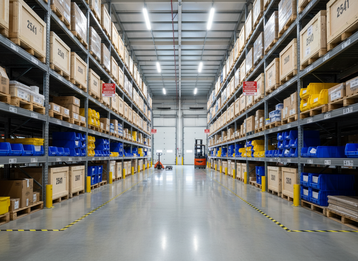 A meticulously maintained warehouse aisle, with high industrial shelving stacked symmetrically with clearly labeled crates, sealed cartons, and color-coded storage bins. The polished concrete floor reflects the overhead LED strip lighting, showing faint reflections of pallet jacks and a neatly parked electric forklift at the far end. Safety signage and floor markings are clean and visible, emphasizing compliance and order. Captured from a low, centered perspective down the aisle, the composition uses strong leading lines to draw the eye toward the distant loading dock doors glowing with soft daylight. The mood is orderly, efficient, and dependable, rendered in photographic realism with sharp focus and a cool, professional color palette of grays, blues, and safety yellow accents.
