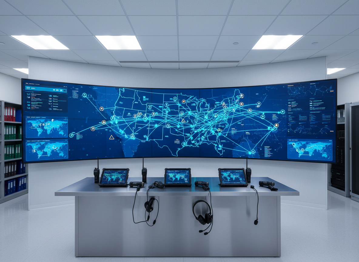 A pristine logistics command center wall, dominated by a huge ultra-wide digital display showing a detailed U.S. map with active shipping routes, icons for facilities, and real-time status indicators in calm blues and greens. Below the screen, a streamlined console holds neatly lined-up rugged tablets, barcode scanners, and radio headsets resting on a brushed aluminum surface. The room is illuminated by cool, even overhead LED lighting that minimizes shadows, giving every surface a crisp, technical clarity. Photographic realism, eye-level composition with a slight wide-angle lens, and a subtly blurred background of organized shelving convey precision, control, and a professional, mission-critical atmosphere suited to government and private logistics operations.